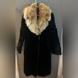 Genuine fur penny lane long Black Fur Coat with Tan Collar